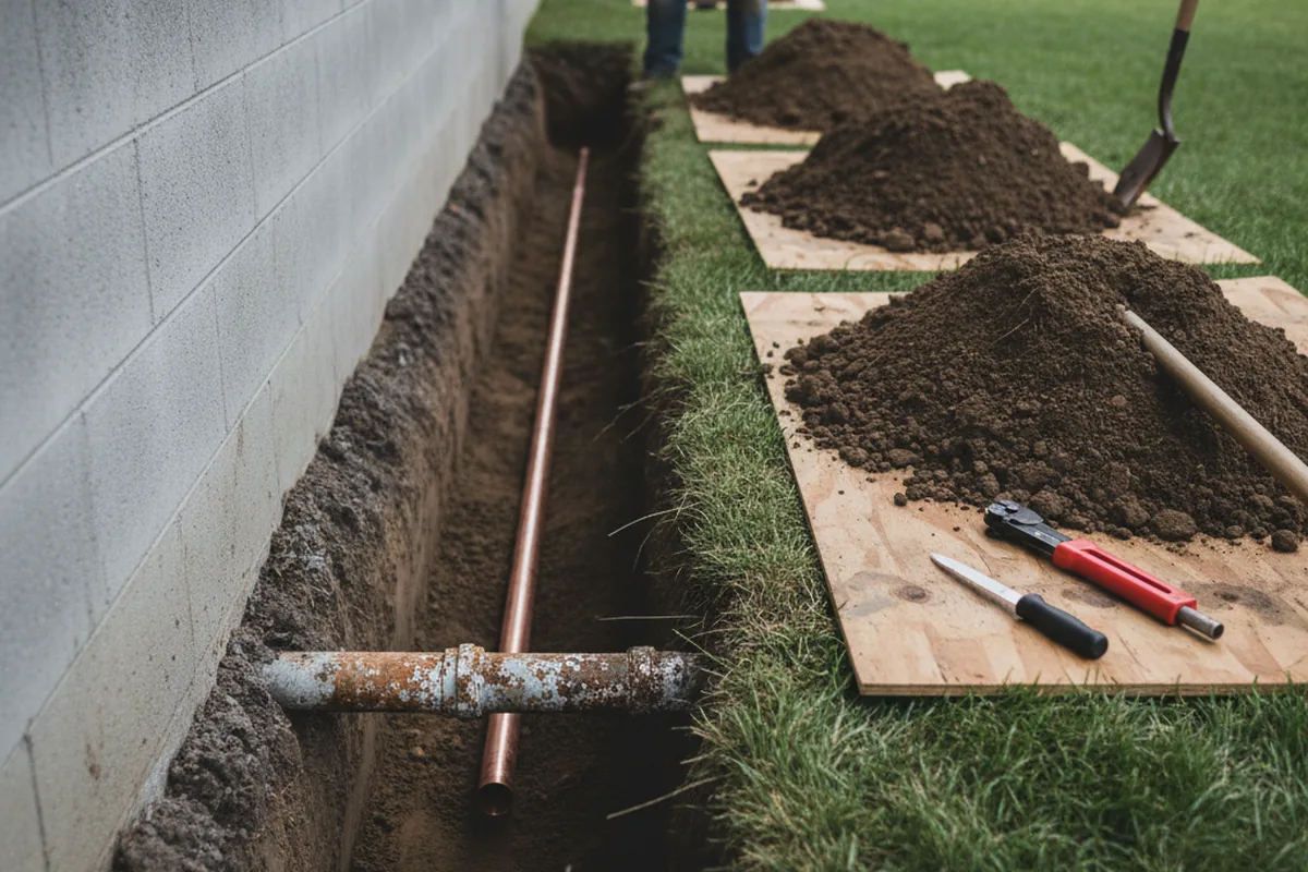Excavated water line trench during Sewer Line Repair in Enterprise